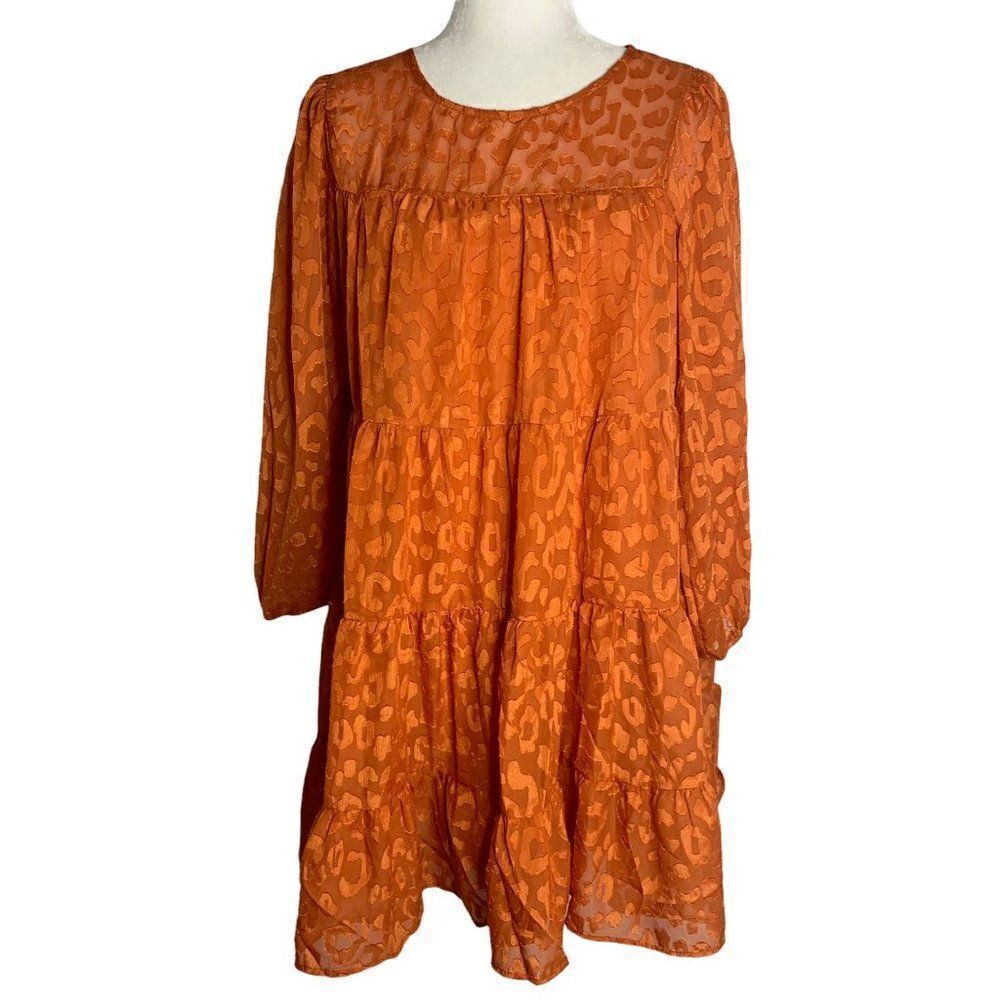 Sheer Animal Print Babydoll Dress M Orange Lined Balloon Sleeves Keyhole Back
